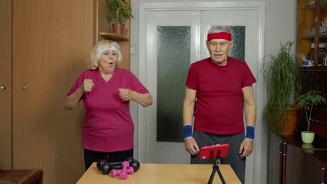 Grandmother-grandfather-doing-healthy-lifestyle-workout,-training,-fitness,-sport-activity-at-home