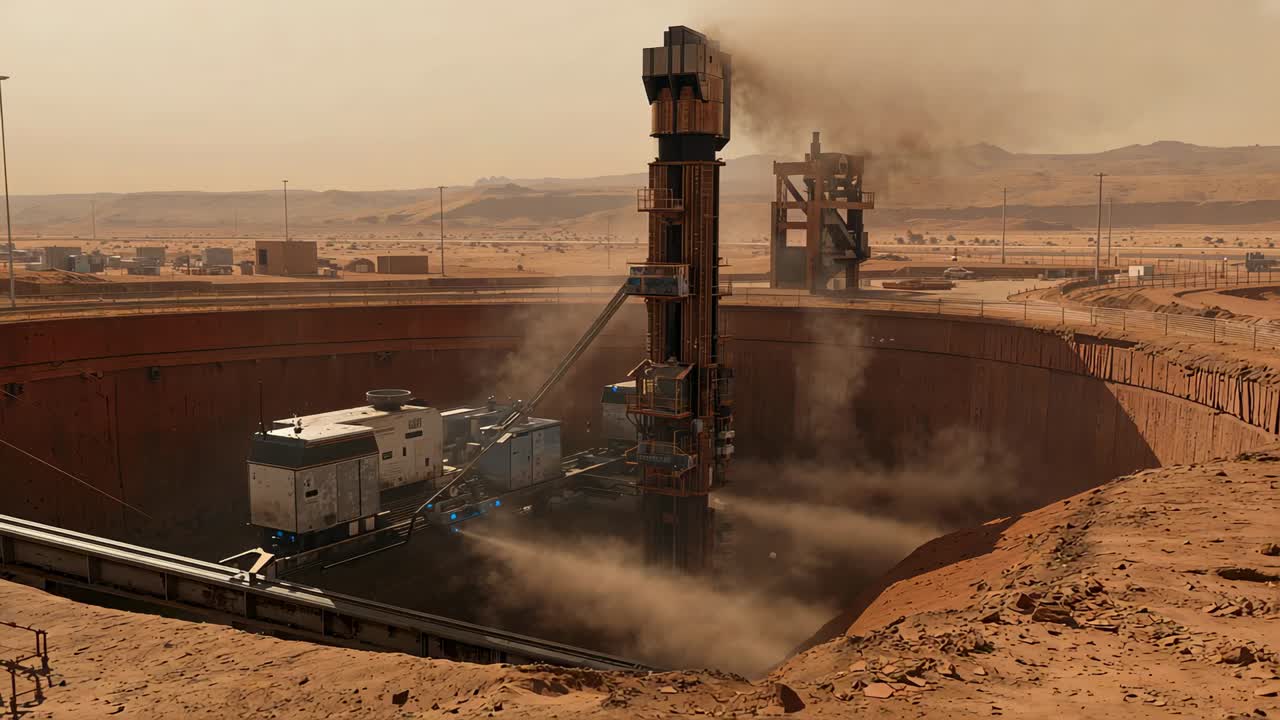 Activating central drilling rig kicking dust plumes at desert pit for mining, with pipe arm