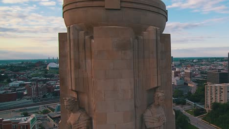 aerial drone shot of the world war 1 memorial in kansas city, missouri