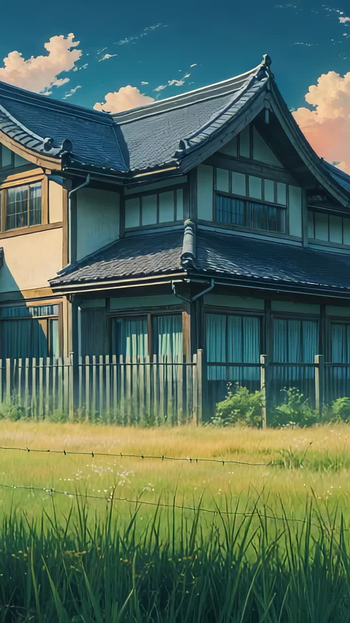 Vertical video: Panning camera revealing Japanese house behind wooden fence, with tiled curved roof