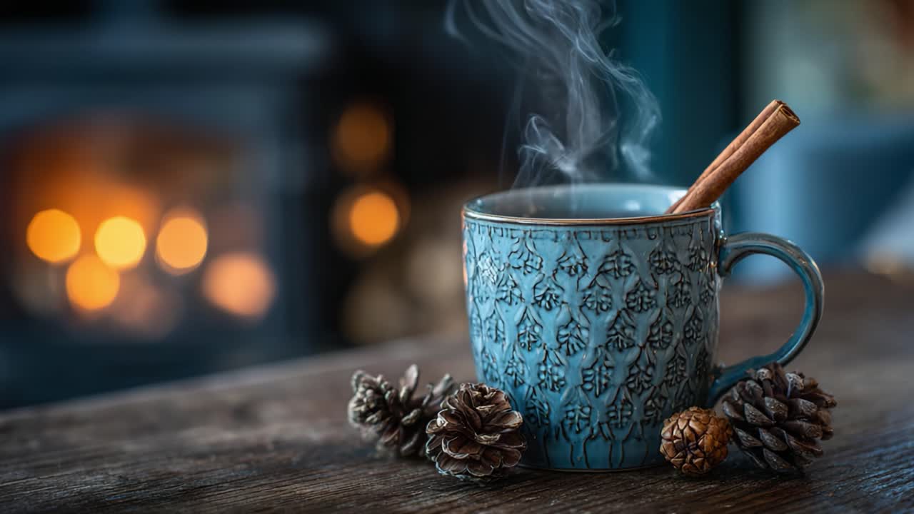 Warm and Inviting Cup of Coffee or Tea with Cinnamon Stick and Pinecones, Capturing a Cozy Atmosphere in a Background of Soft, Blurry Lights