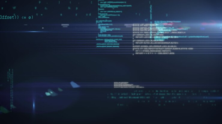 Animazione di elaborazione dati digitali su sfondo blu luminoso.