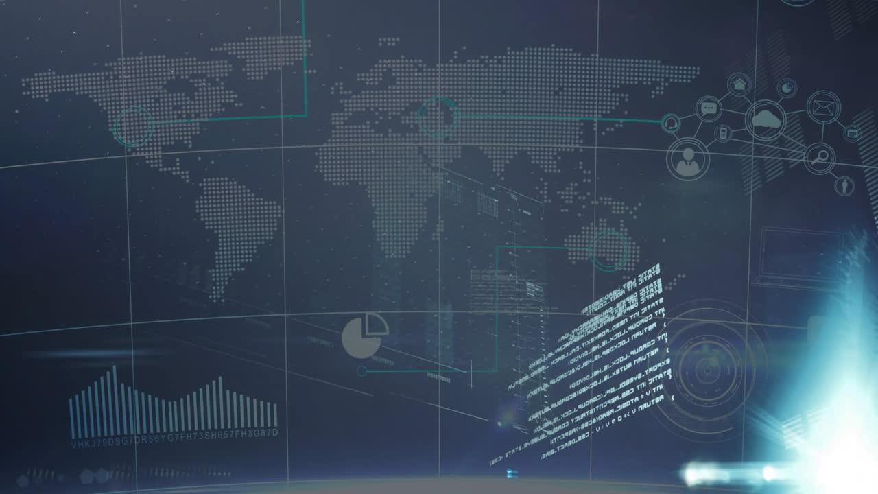 디지털 인터페이스를 통해 데이터 처리 애니메이션과 함께 세계 지도 및 바 그래프