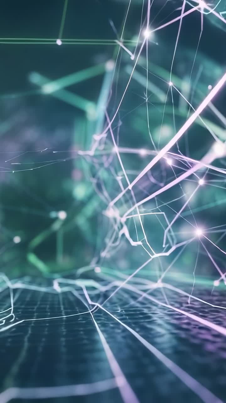 Vertical video: Emerging glowing lines driving mesh sphere rotating over grid floor, pulsing nodes