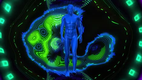 Blue-3d-male-figure-walking-over-distorted-data-lights-on-black-background