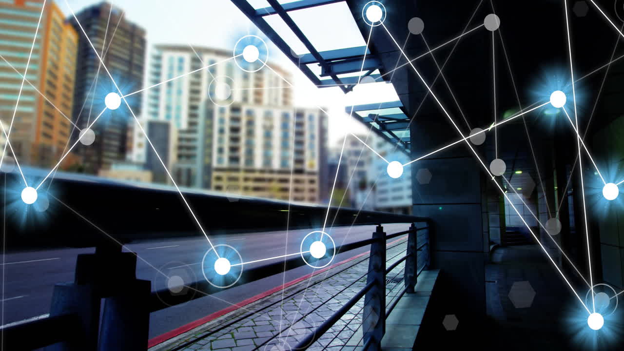 도시 풍경에 대한 연결 네트워크 및 데이터 처리 애니메이션