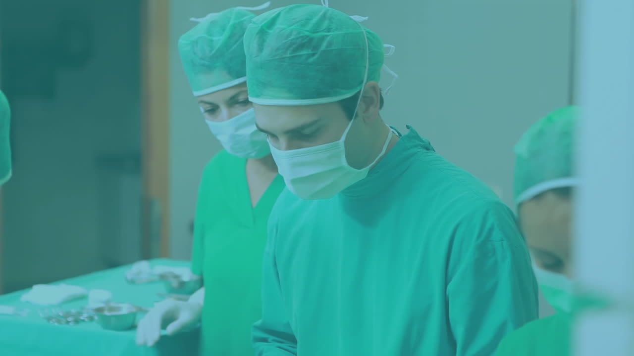 animación de la red de conexiones sobre los cirujanos que operan al paciente en la sala de operaciones