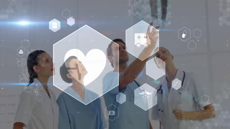 examining holographic health data, medical professionals analyzing animation in hospital
