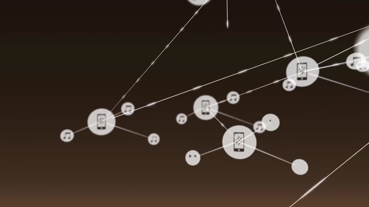 animación digital de música e iconos de teléfono que se conectan con líneas contra un fondo negro