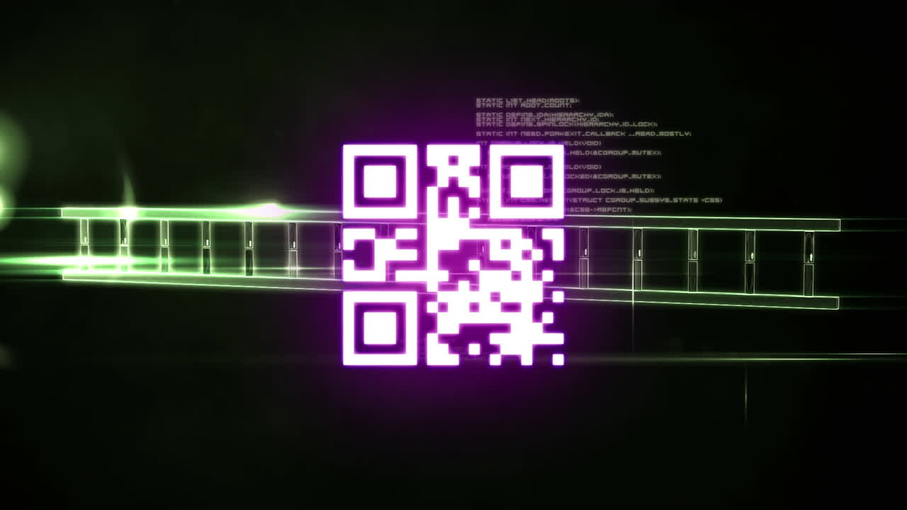 Digital animation of neon qr code against dna structure and data processing on black background