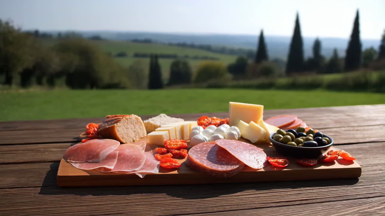 Tagliere di salumi all'aperto su un tavolo, piatto rustico in legno illuminato dal sole con formaggi, salumi, olive e pane.