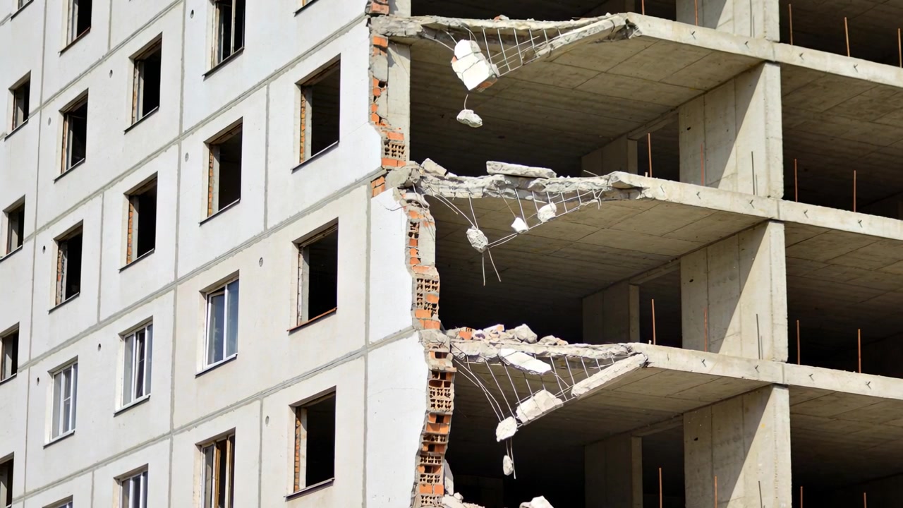 Shedding damaged building edge dropping brick chunks onto slabs during urban demolition, copy space