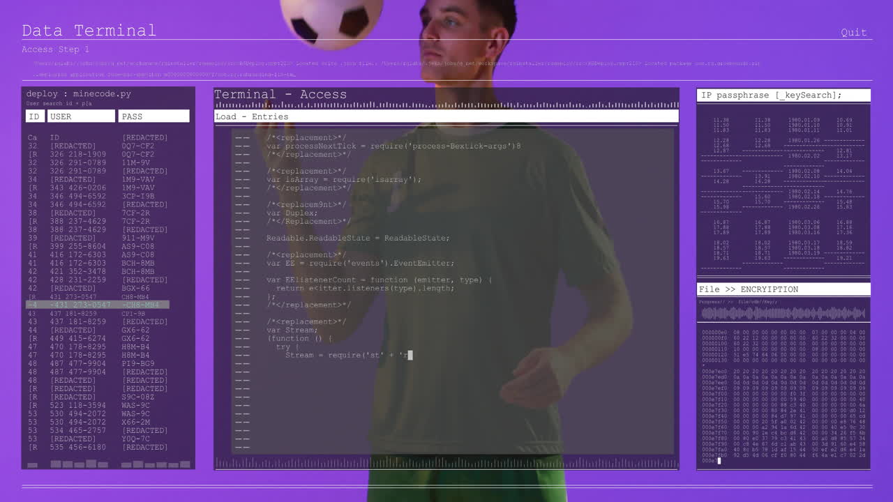 Using transparent code terminal, person standing on purple background with animation