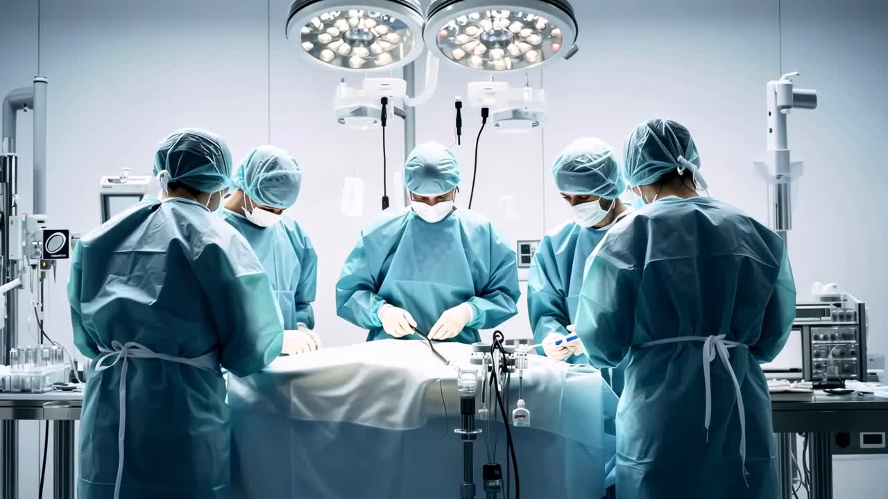 Aerial view of surgeons in a sterile operating room, performing surgery under bright lights