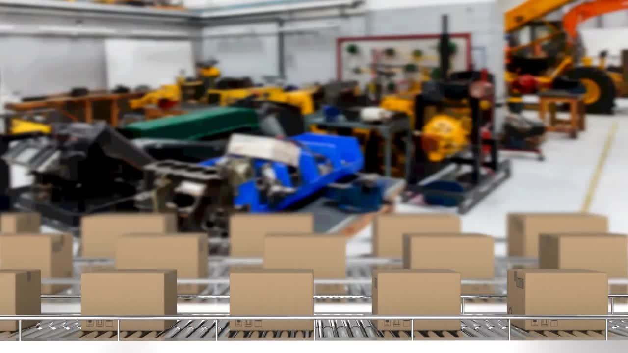 animación de cajas de cartón que se mueven en cintas transportadoras en el almacén