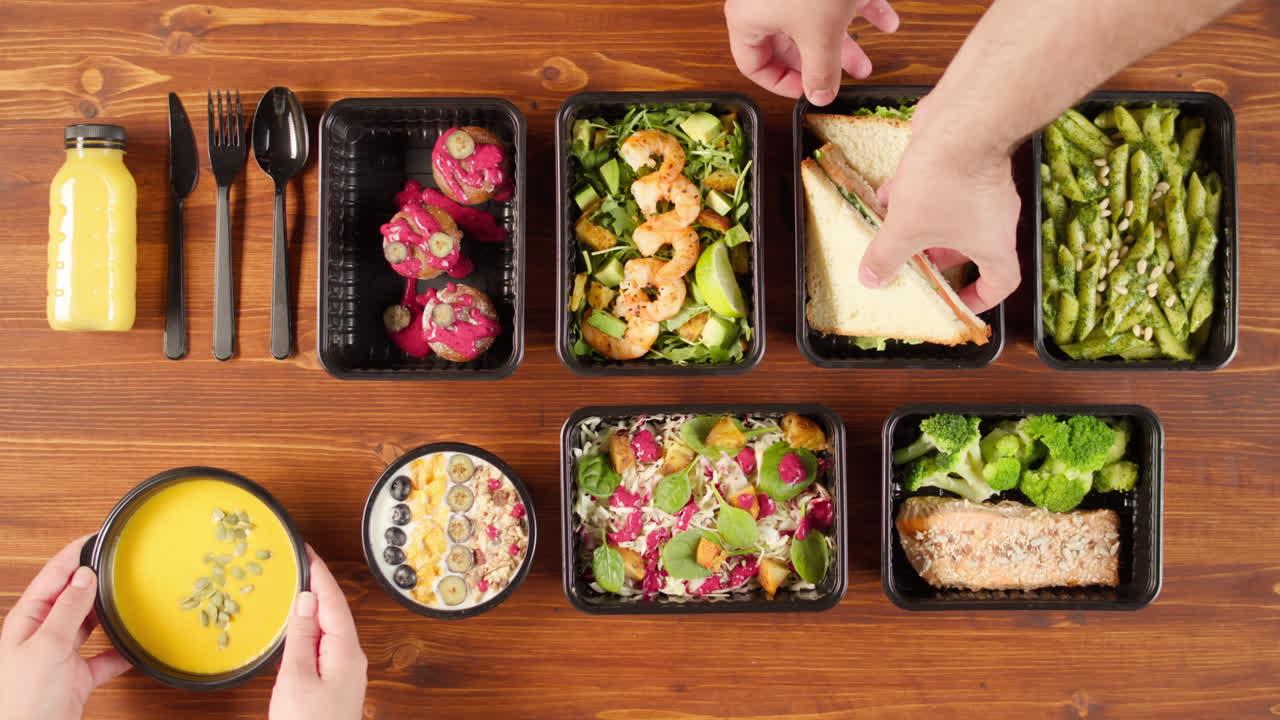 Envases de preparación de comidas saludables dispuestos sobre una mesa de madera