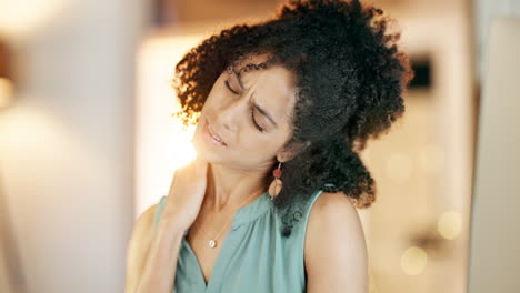 neck, pain and woman in office at night for joint