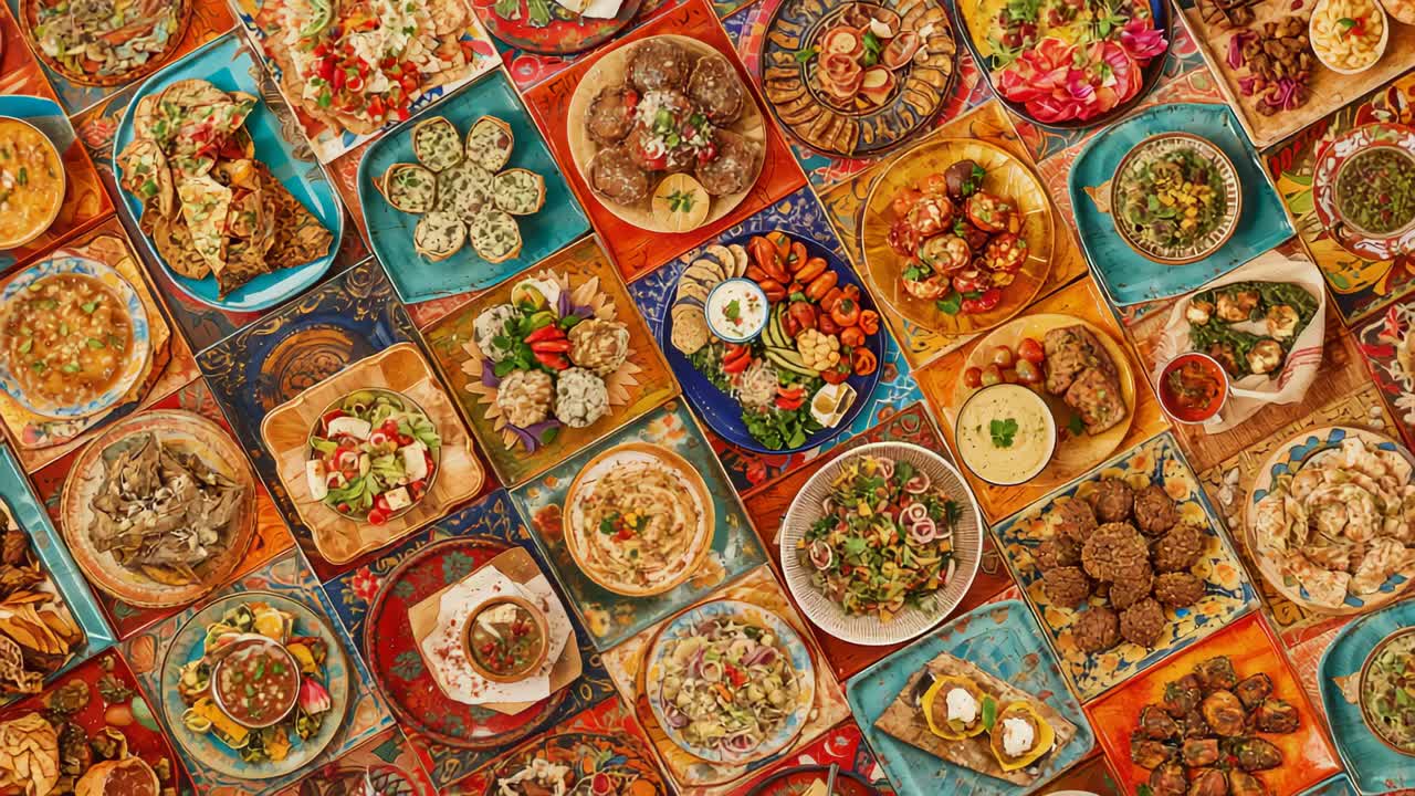 Cámara desplazándose lentamente mostrando platos de cerámica, cuencos y salsas sobre una mesa de azulejos, destacando las texturas