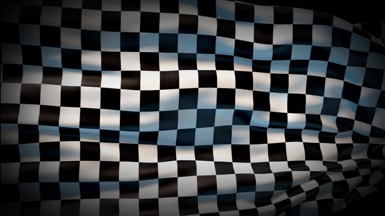 Animation Pirate flag is waving seamless loop. Pirate flag racing flag waving in the wind. Realistic 4K flag of Checkered black and white color closeup. Realistic finish line racing background.