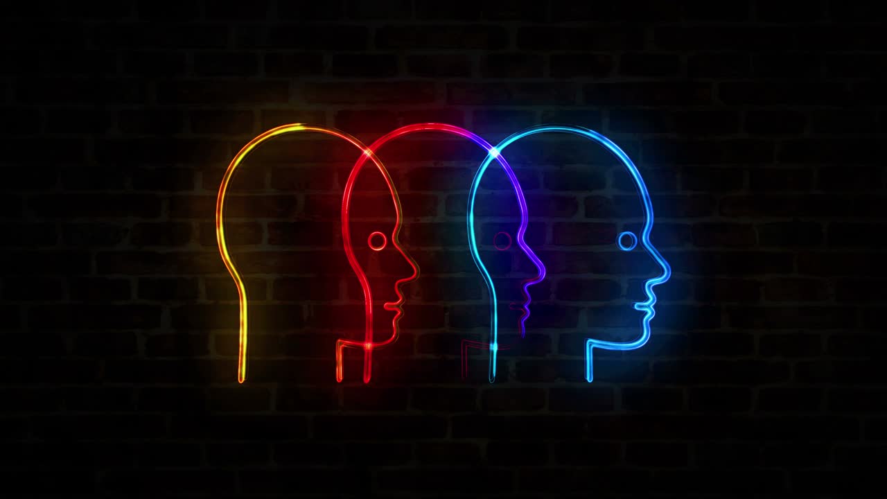 Simbolo al neon di punteggio sociale e comunicazione su muro di mattoni