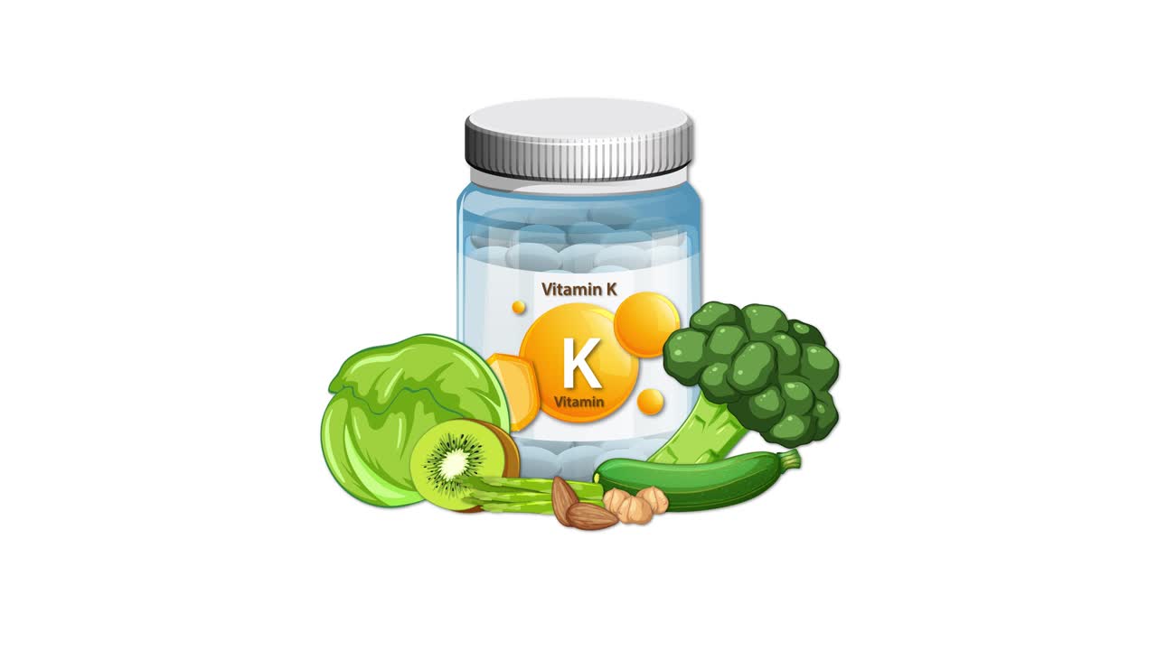 Vitamin K supplement bottle surrounded by broccoli, lettuce, kiwi, and nuts on white background