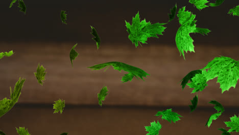 animación de múltiples hojas verdes que caen sobre un fondo marrón