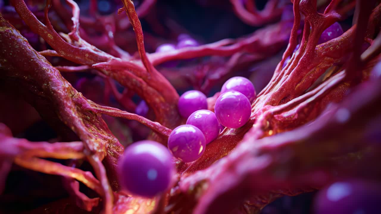 Vivace visione microscopica di strutture cellulari intrecciate e sfere colorate in un ambiente biologico dinamico, che mette in mostra dettagli intricati e complessità
