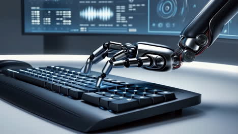robotic arm typing on a keyboard with digital interface