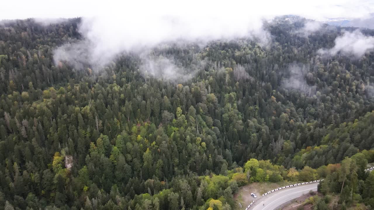 vista superior drone disparado para las montañas verdes con niebla en el día nublado tarde tiempo coches de carretera