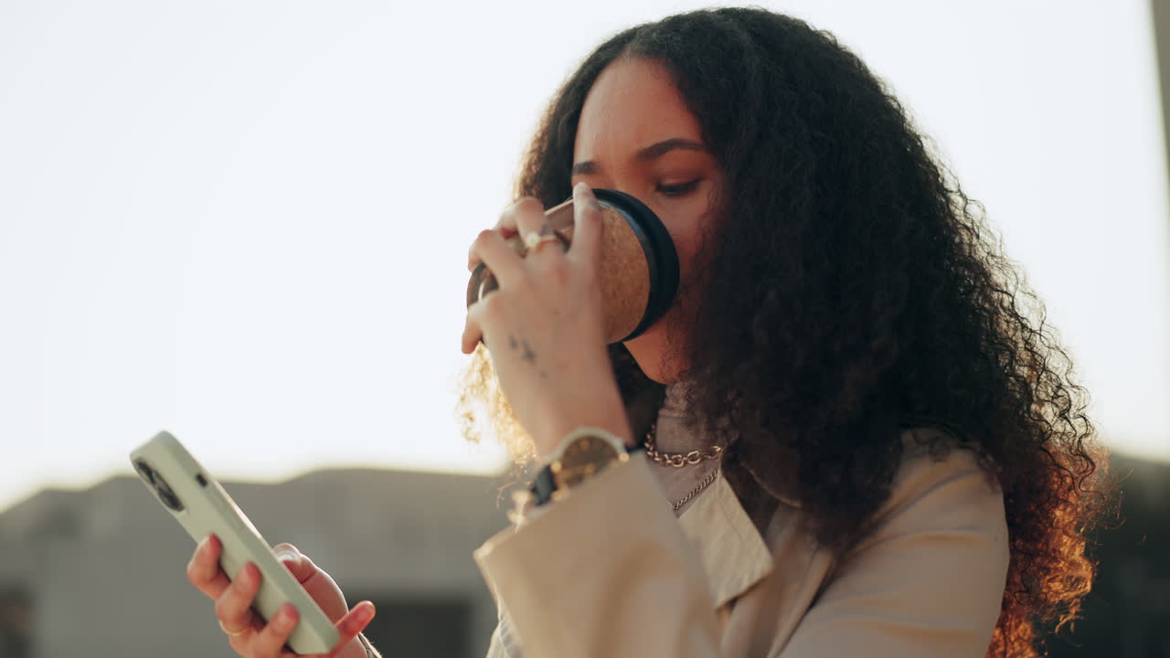 Woman, phone and coffee break in city with outdoor