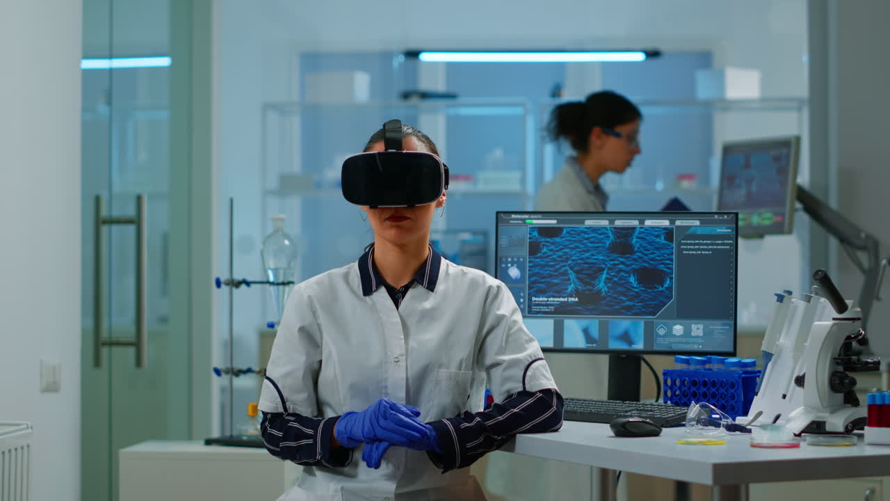 Laboratory doctor experiencing virtual reality using vr goggles