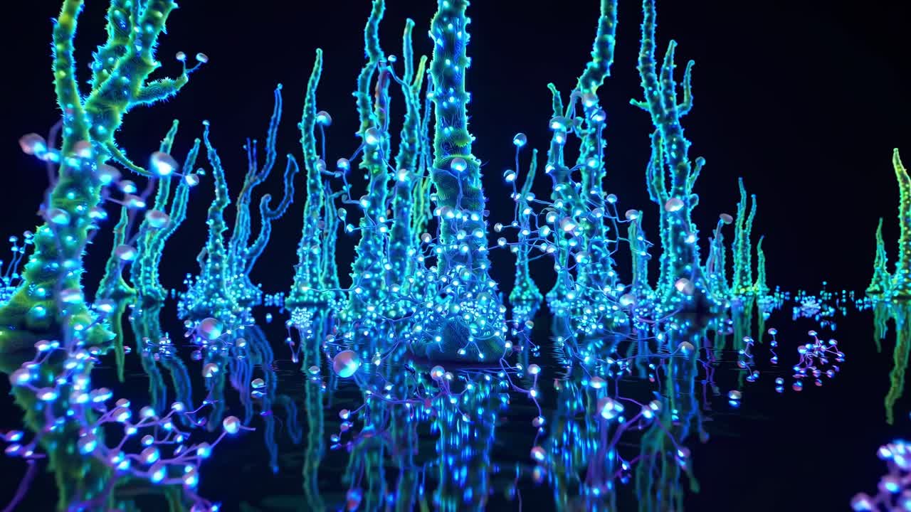 Vibrant underwater scene showcasing luminous, organic structures rising from reflective surface, creating a mesmerizing visual flow of colors and shapes in a dynamic aquatic environment