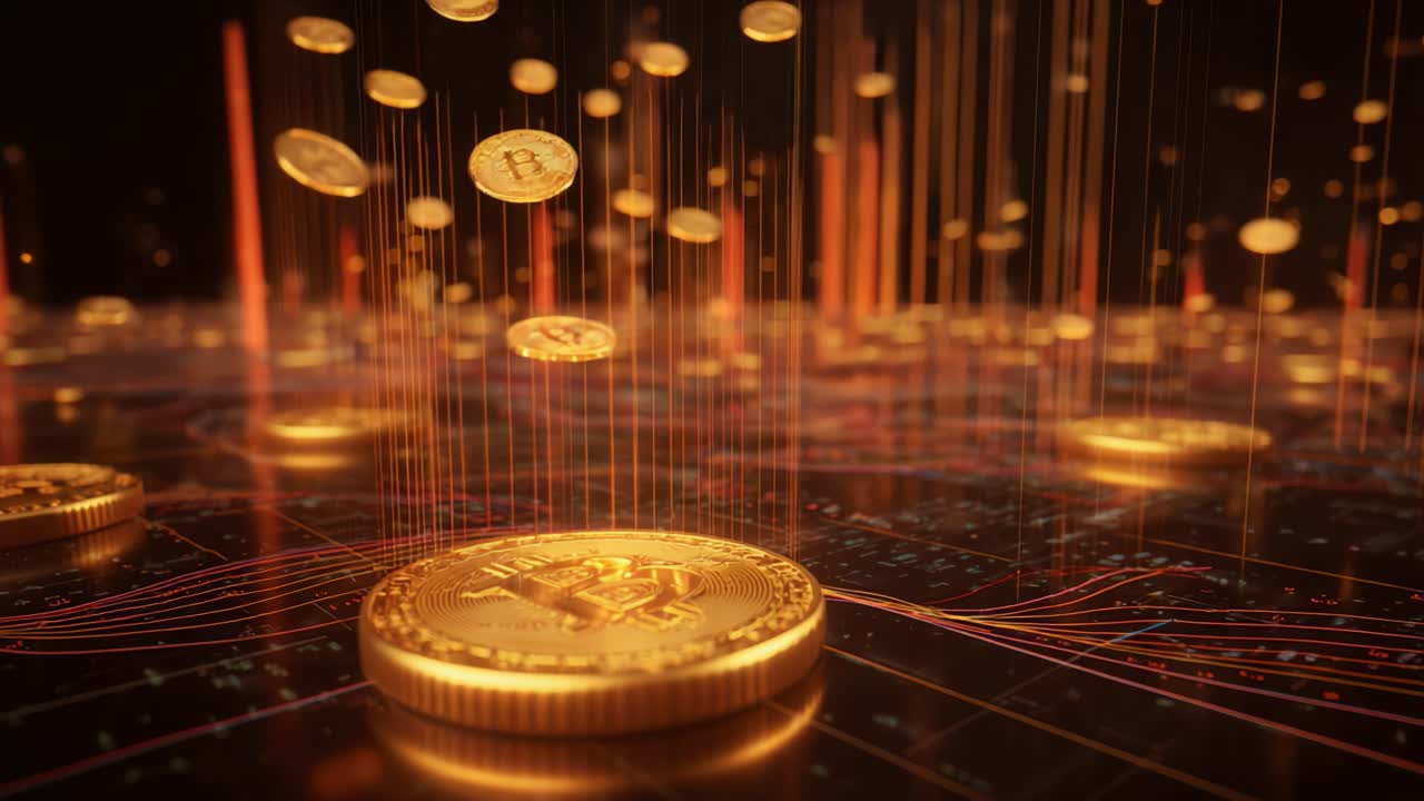 Animazione digitale futuristica di monete Bitcoin dorate che piovono su un circuito stampato luminoso, a simboleggiare il mining di criptovalute, le transazioni digitali e gli investimenti nella tecnologia blockchain