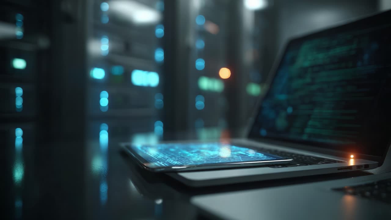 A Glimpse into Modern Computing: A Laptop and Tablet Displaying Digital Data in a Futuristic Server Room, Illuminated by Soft Blue Lights