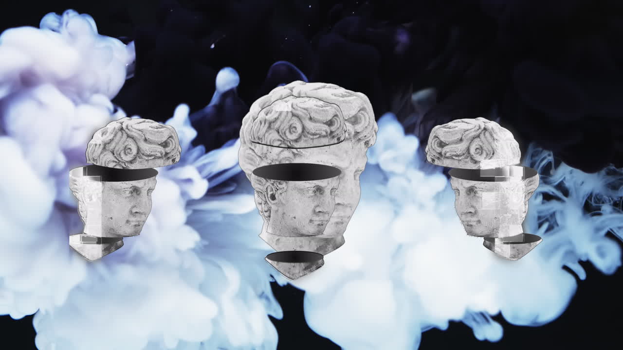 검은 바탕에 간섭과 구름을 가진 조각의 애니메이션