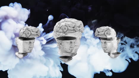 animación de esculturas con interferencia y nubes en fondo negro