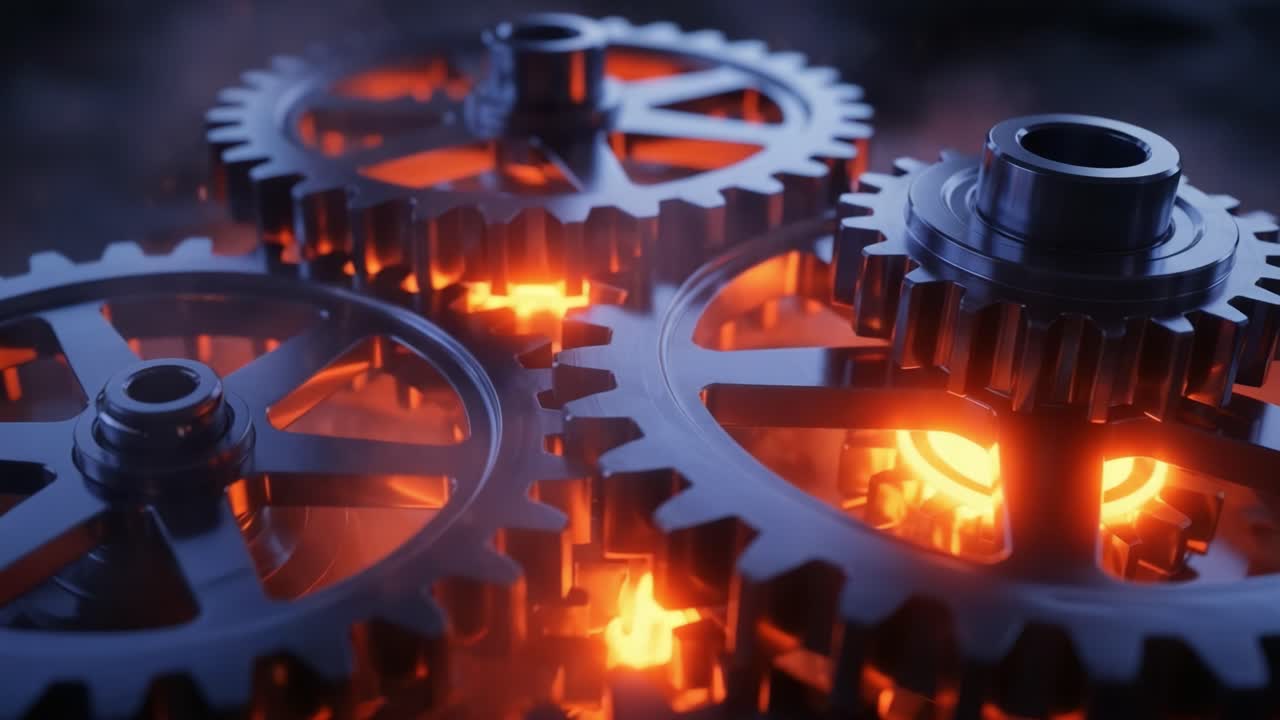 Intricate Interplay of Gears Radiating Fiery Light: A Mesmerizing Display of Mechanics and Engineering in Action, Captured in a Stunning Visual Sequence