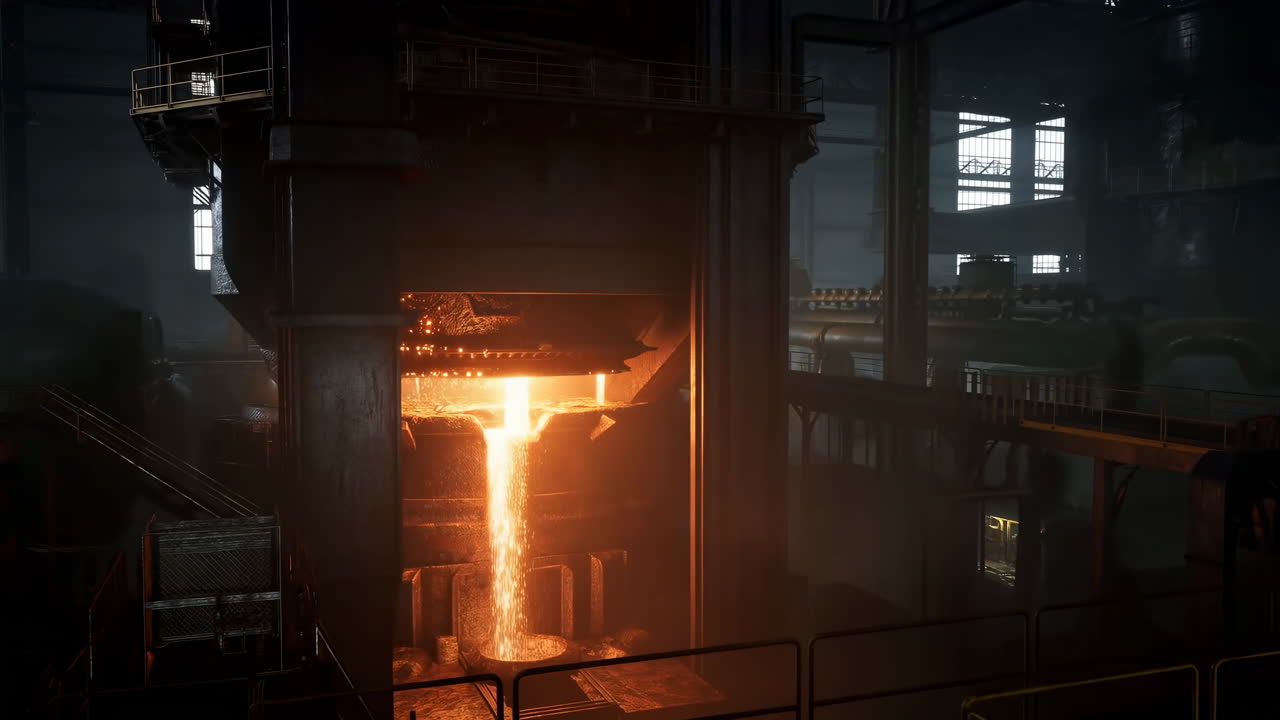 Smeltet metal der hældes fra en stor ovn på en mørk industrifabrik