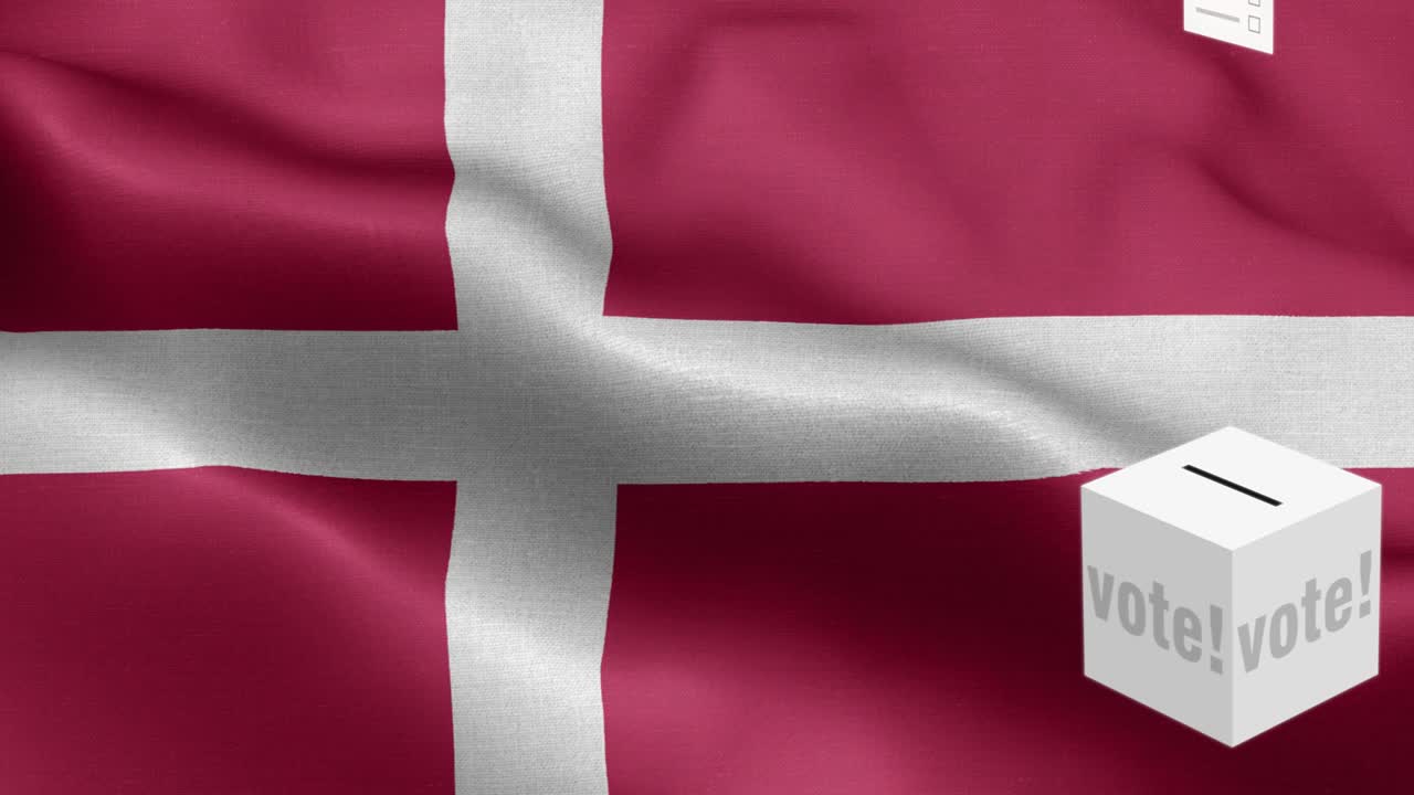 덴마크를 선택하기 위한 투표용지 - 발 앞에 있는 투표용기 - 선거 - 투표 - 덴마크로의 발 - 댄마크 발 높은 세부 사항 - 국가 발 덴마크는 파동 패턴 루프 가능한 요소 - 직물 질감과 끝없는 루프 - 수직 발