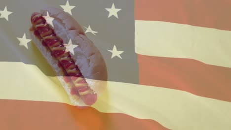 Animación-De-La-Bandera-De-Estados-Unidos-Sobre-Hot-Dogs.