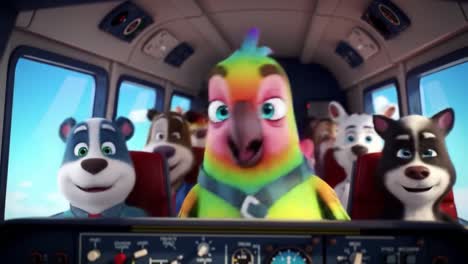 a colorful parrot leads an animated adventure with a group of excited animal friends inside a cabin filled with joyous expressions and anticipation