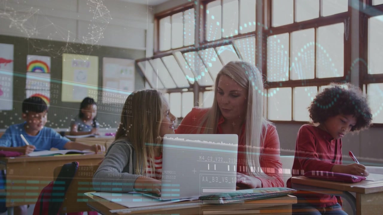 Vertical video: Pupil working on laptop teacher leaning in helping as education overlay animating