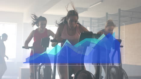 animation of data processing on blue graph over diverse women cross training on ellipticals at gym