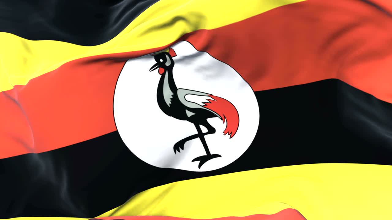 угандийский флаг, размахивающий ветром медленно с голубым небом, петля