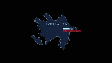 blue stylized azerbaijan map with baku capital city and geographic coordinates on black background