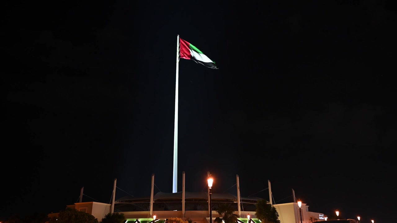 The United Arab Emirates flag waving proudly in the night sky.