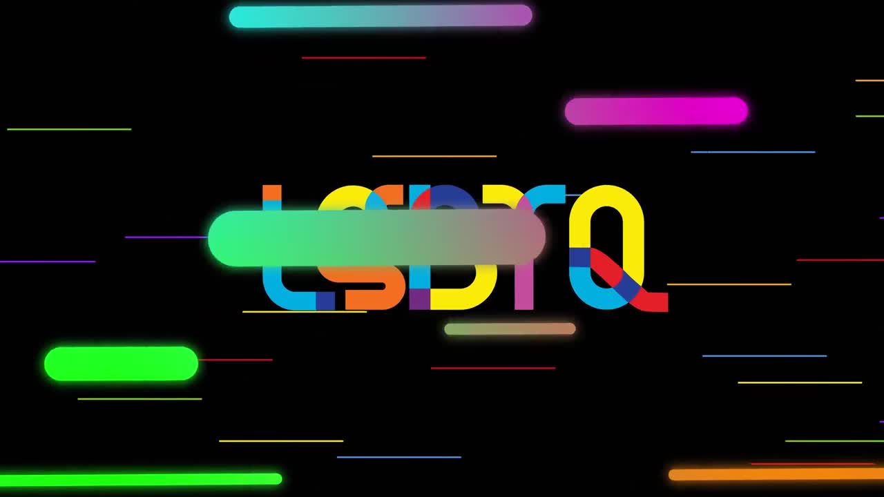 Animation of colorful lines over lgtbq on black background