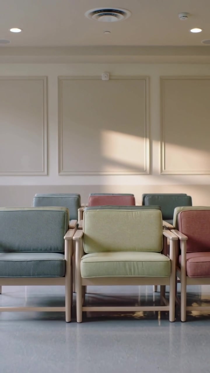 Vertical video: Pulling back camera revealing blush pink and green chairs in lounge, showing layout