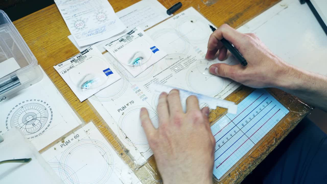 Production of spectacles. Male's hands making new glasses on the table. Technician tracing glass on paper. Eyeglasses concept.