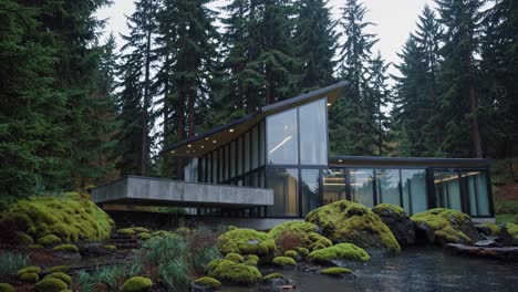 wide shot of a modern glass and concrete house nestled in a lush green forest, surrounded by moss covered rocks and a small stream, creating a tranquil and secluded atmosphere